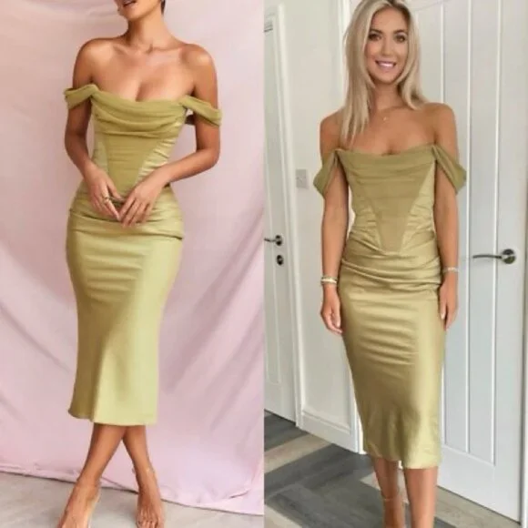 House of CB Natalya Olive Satin Corset Midi Dress S - Picture 3 of 6